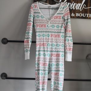 Pink brand onsie christmas pjs, with butt flap, size small, white, green red